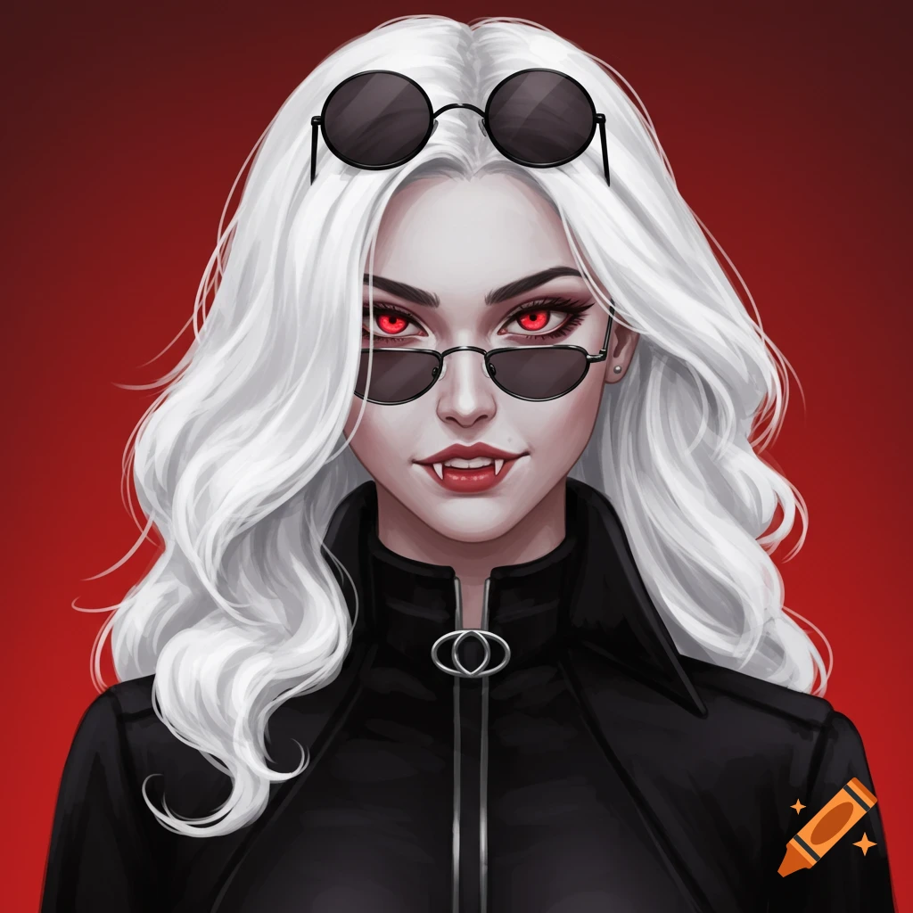 A white-haired woman with red eyes, fangs, sunglasses, and a black jacket.
