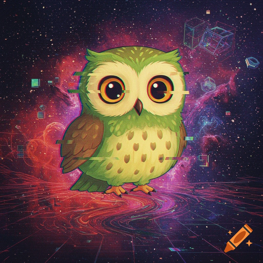 Cartoon owl with glitch effects in space