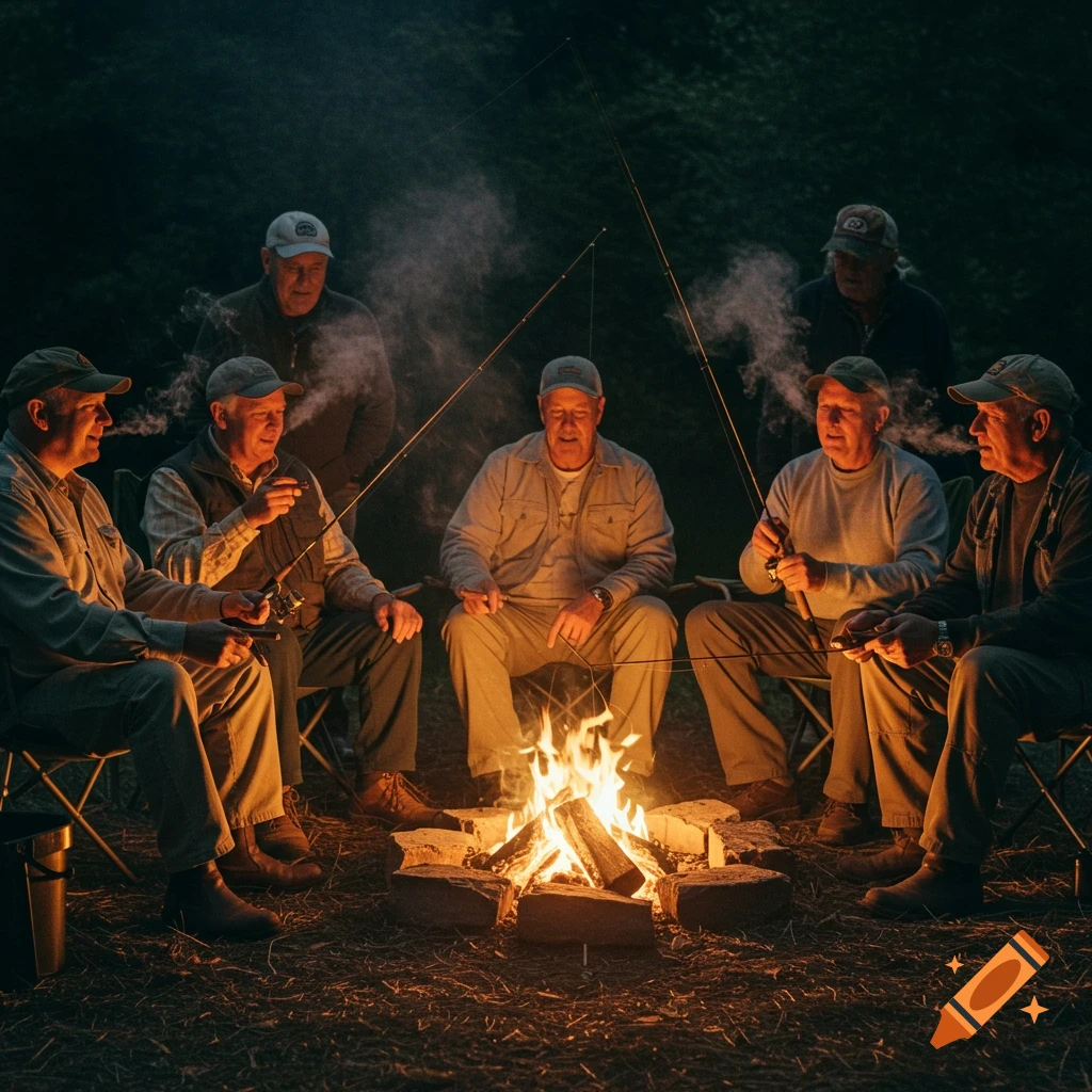 Group of old men sit around a campfire fishing at night.