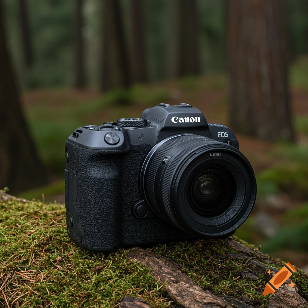 Black camera on a mossy log in a forest.