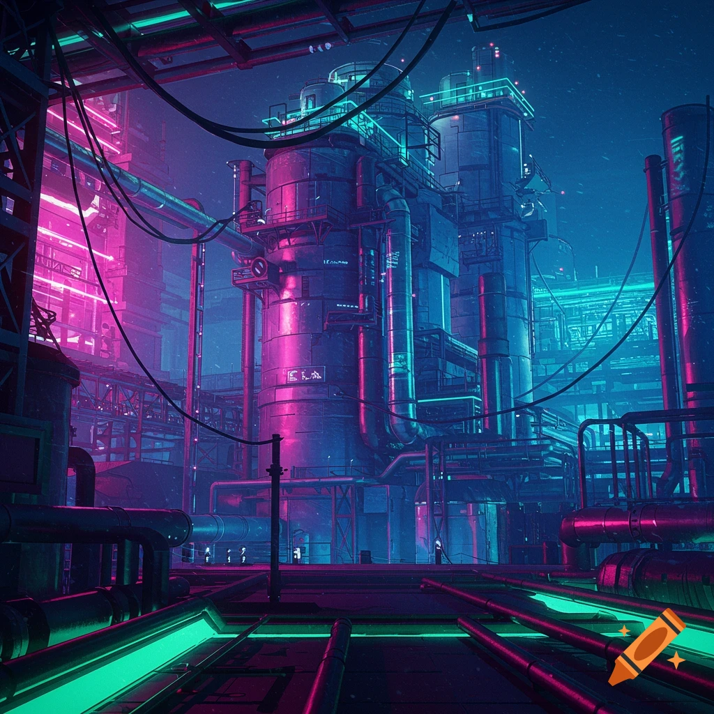 A futuristic power plant with pipes and neon lights.