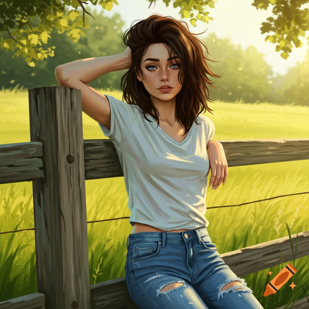 A young woman in a white shirt and jeans is sitting on a fence in a sunny field
