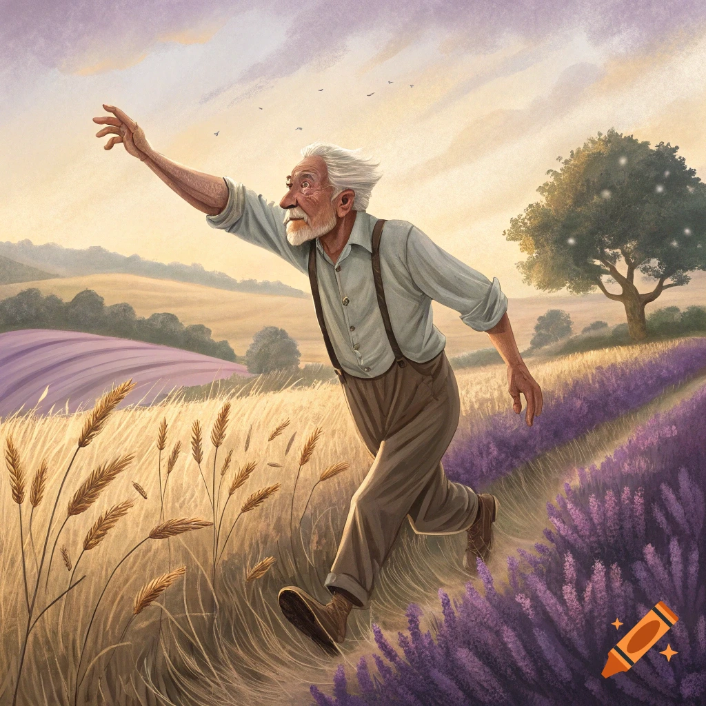 An elderly man runs through a field of lavender and wheat towards a glowing tree at sunset. Illustration.