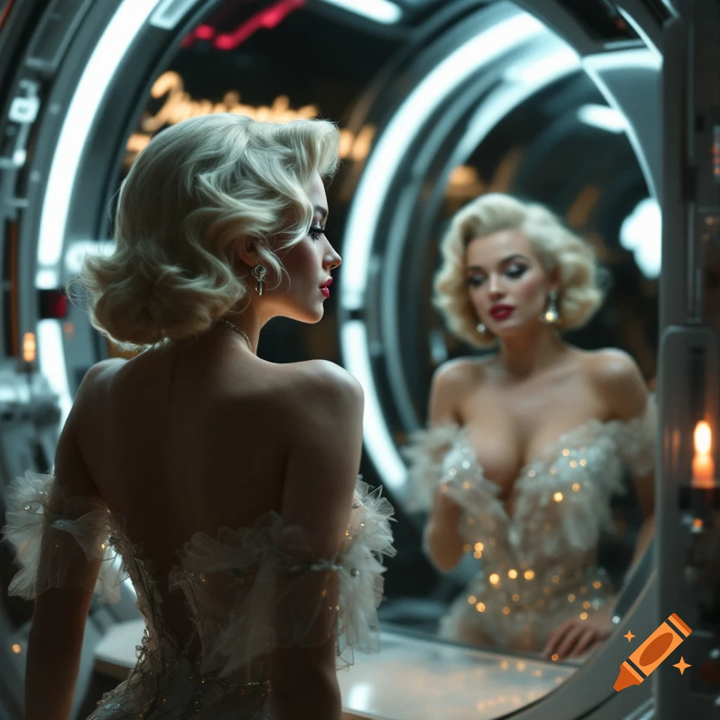 Woman in glamorous dress looks at her reflection in a futuristic dressing room mirror.