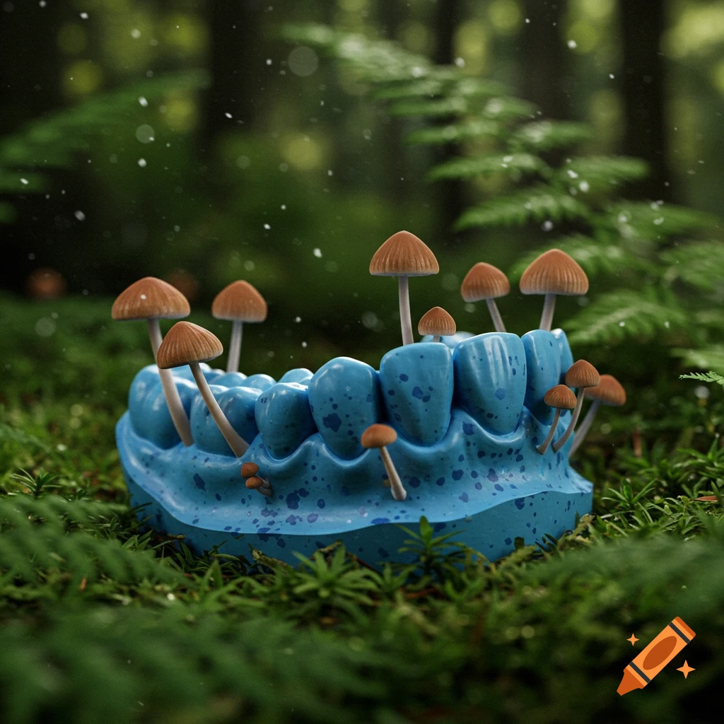A blue dental impression with brown mushrooms growing from the teeth sits in a forest