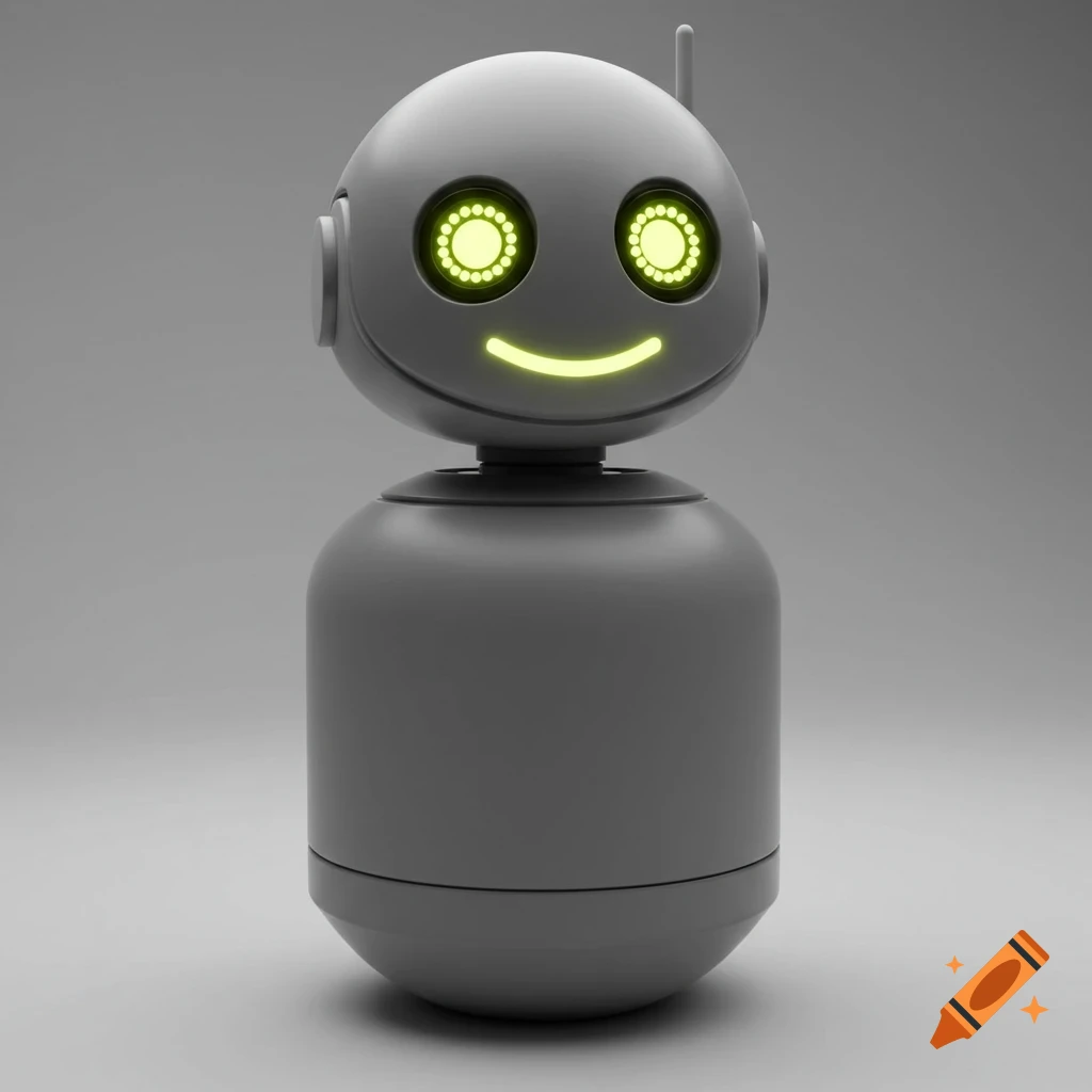 A 3D render of a grey robot with glowing yellow eyes and a smile.