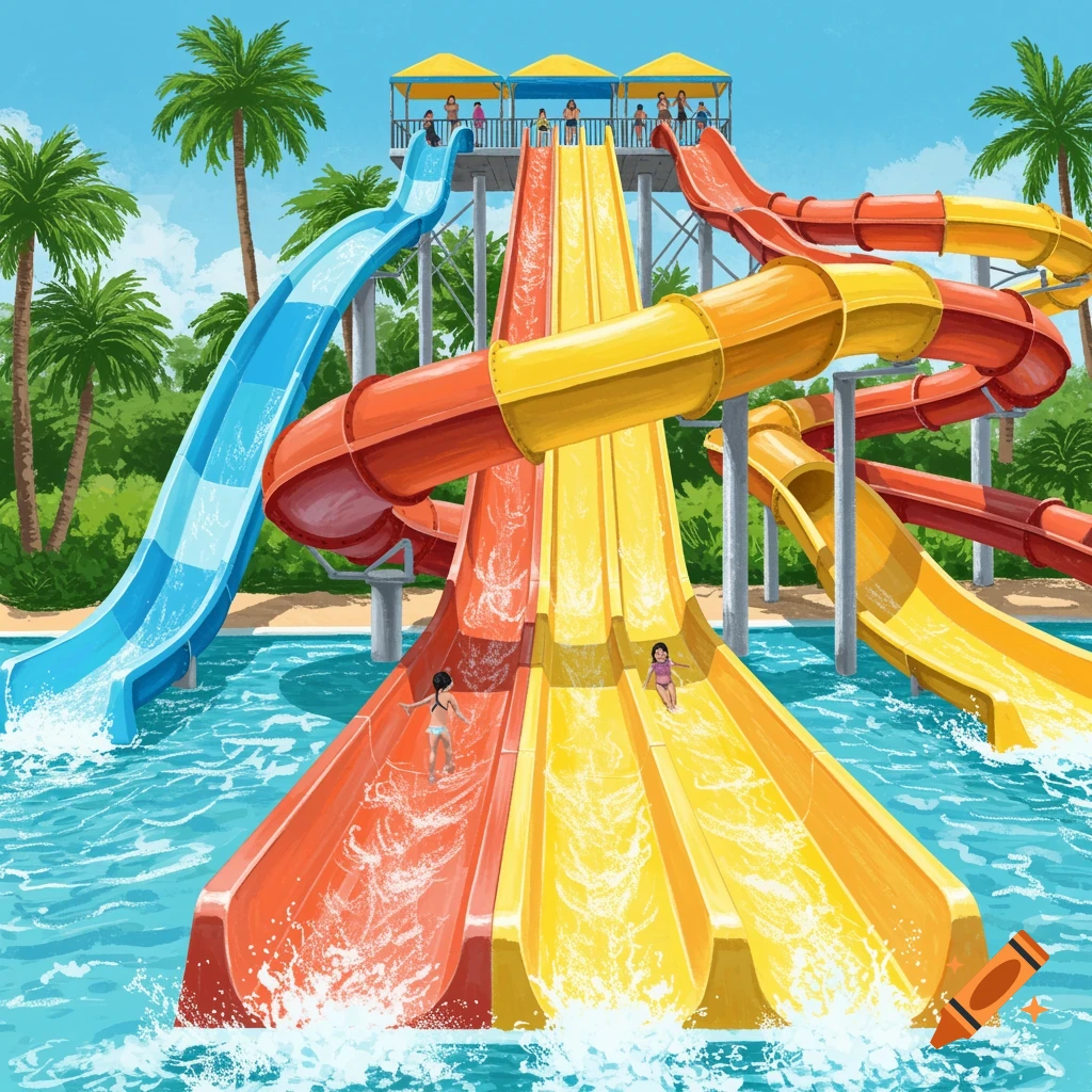 A vibrant water park with colorful slides and children sliding down into a pool surrounded by palm trees.