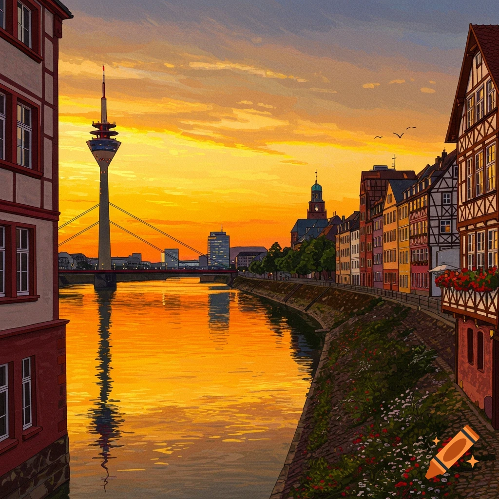 A cityscape with colorful buildings along a river at sunset, featuring a tower and bridge.