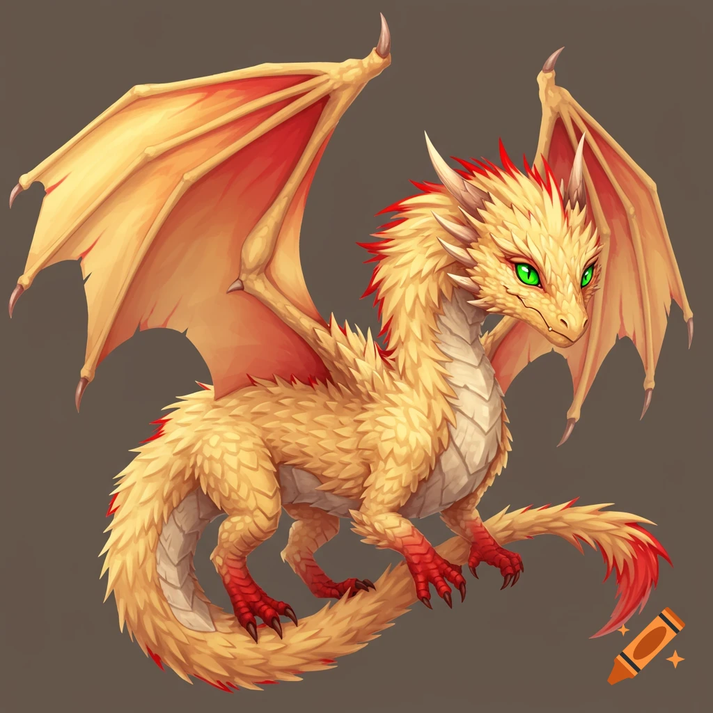 A cute fluffy golden and red dragon with green eyes.