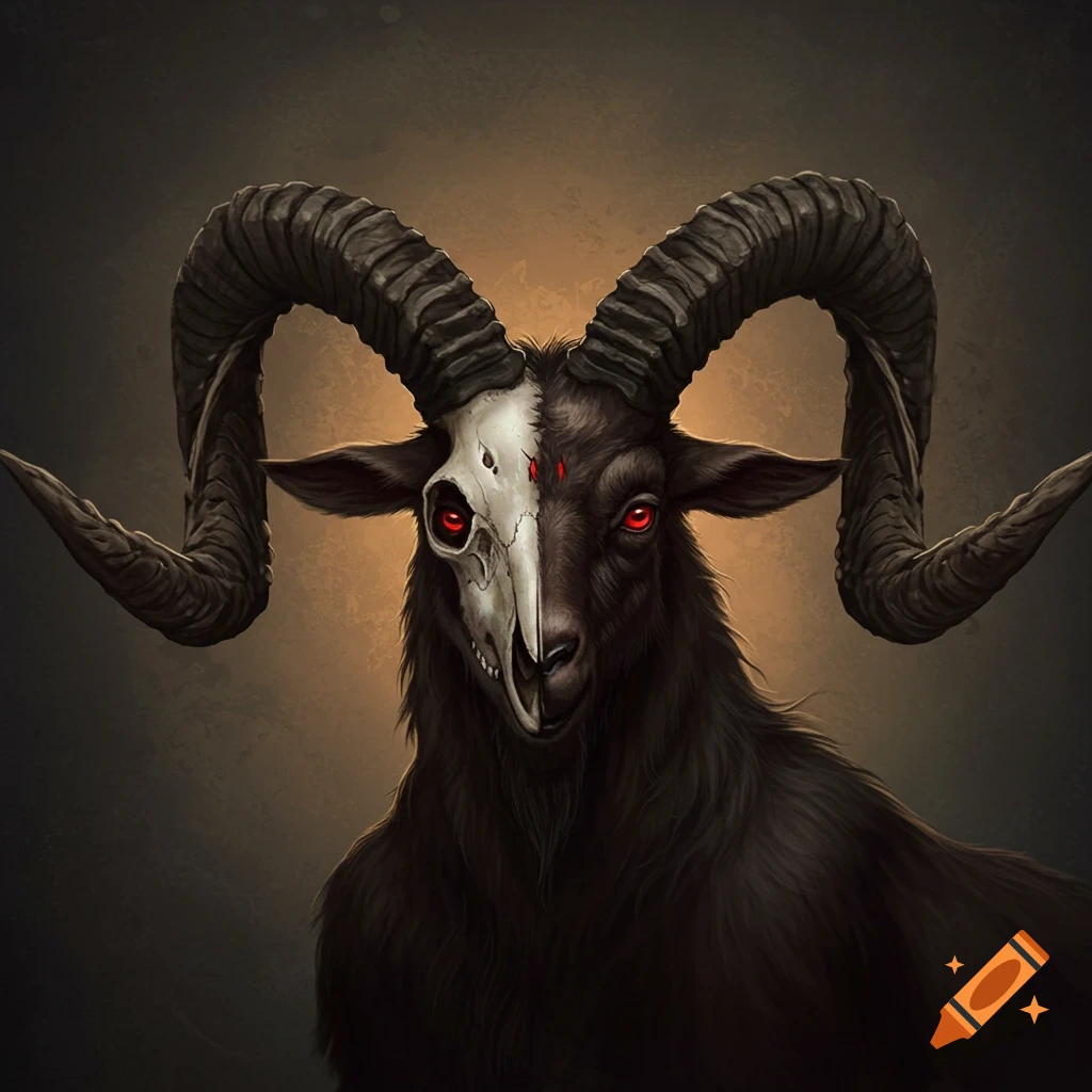 A dark creature with horns, red eyes, and half-skull face