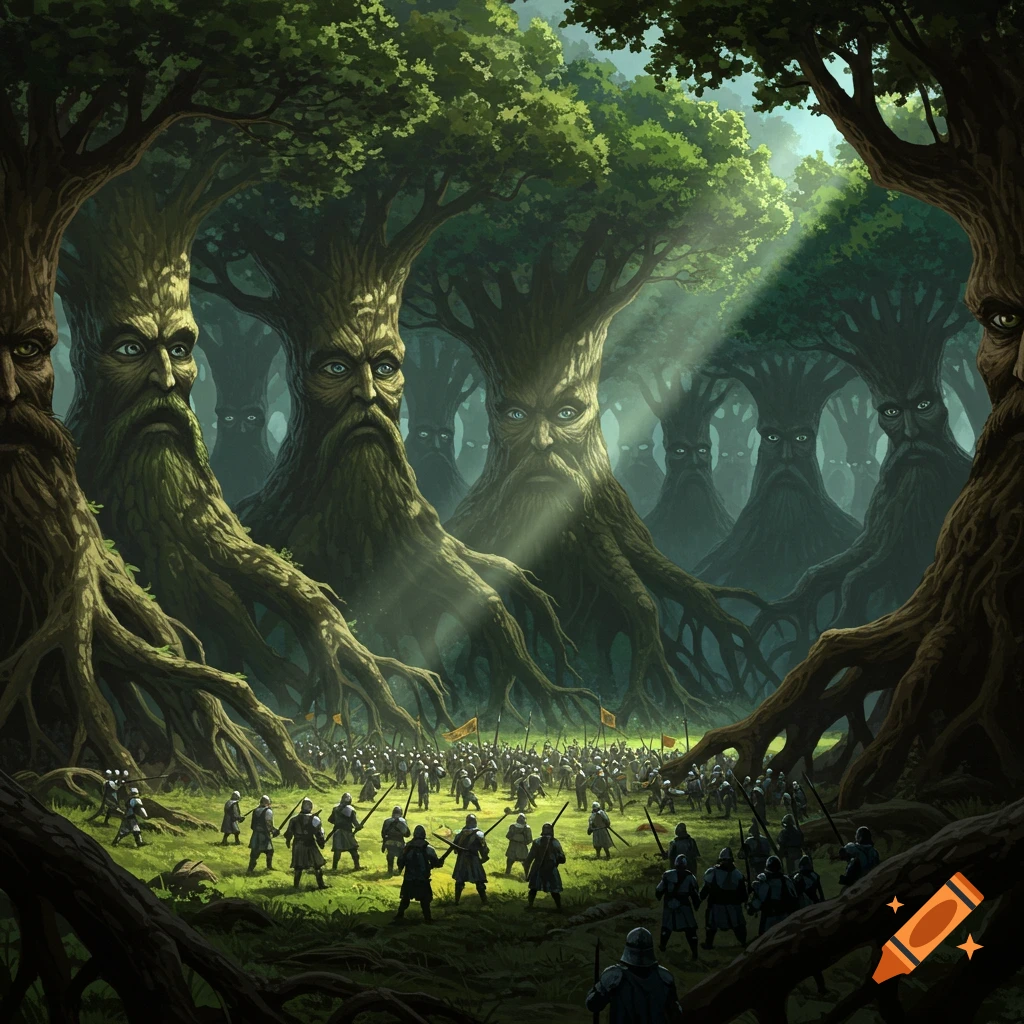 Large tree creatures with faces form a barrier against a human army in a forest.