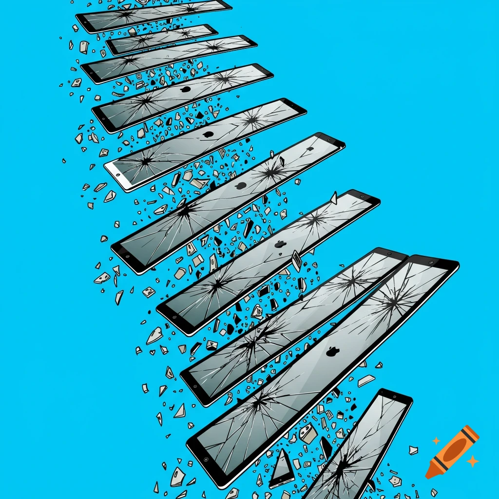 Cartoon illustration of several broken iPads with scattered debris on a blue background.