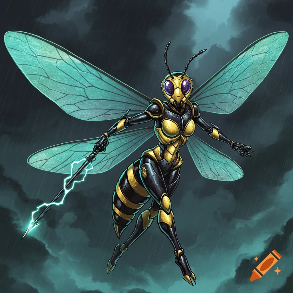 A mechanical wasp creature flying in rain with a lightning spear.