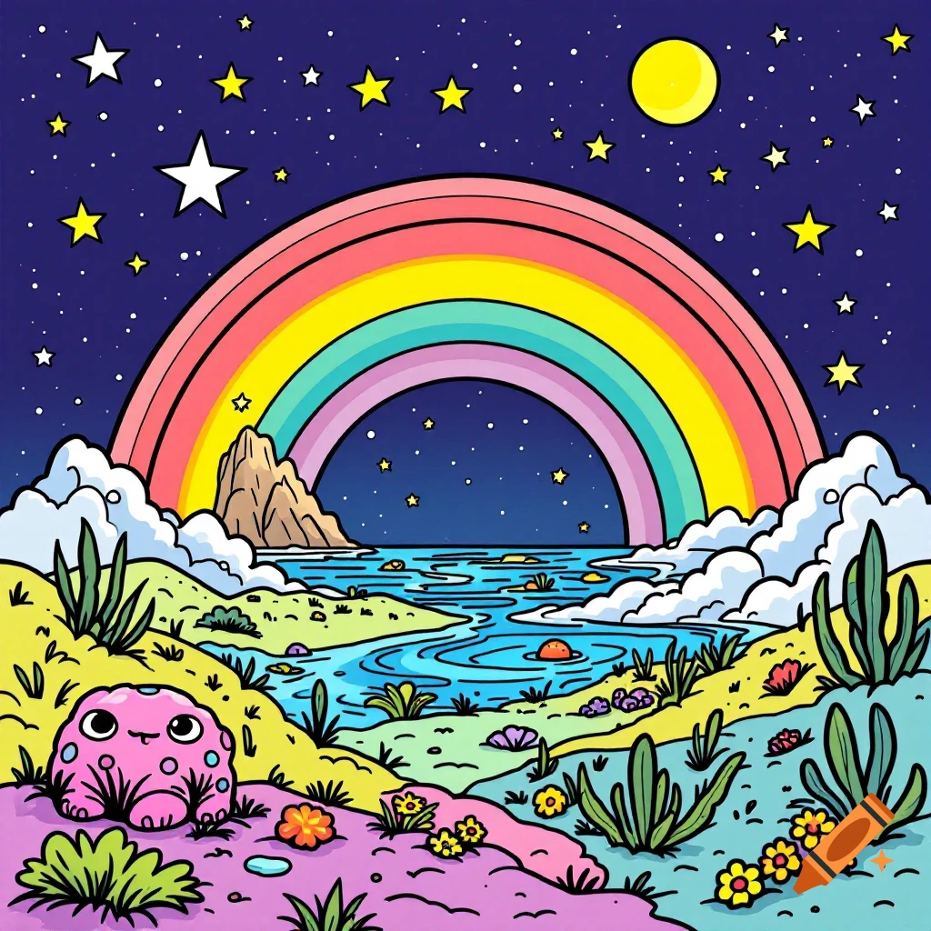 A vibrant cartoon illustration of a landscape with a rainbow, stars, moon, river, and a pink creature.