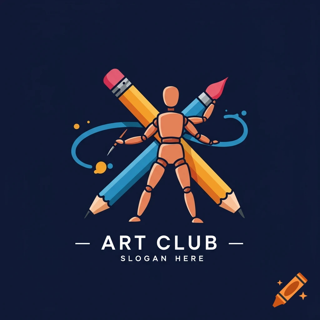 Logo featuring a drawing mannequin with multiple arms holding pencils and a paintbrush, above text 'ART CLUB SLOGAN HERE'.