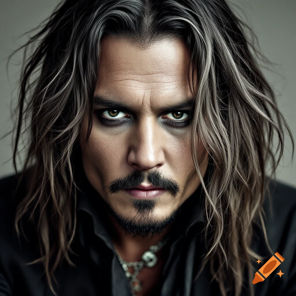 Close-up portrait of a man with long, messy hair and dark makeup looking intensely at the viewer.