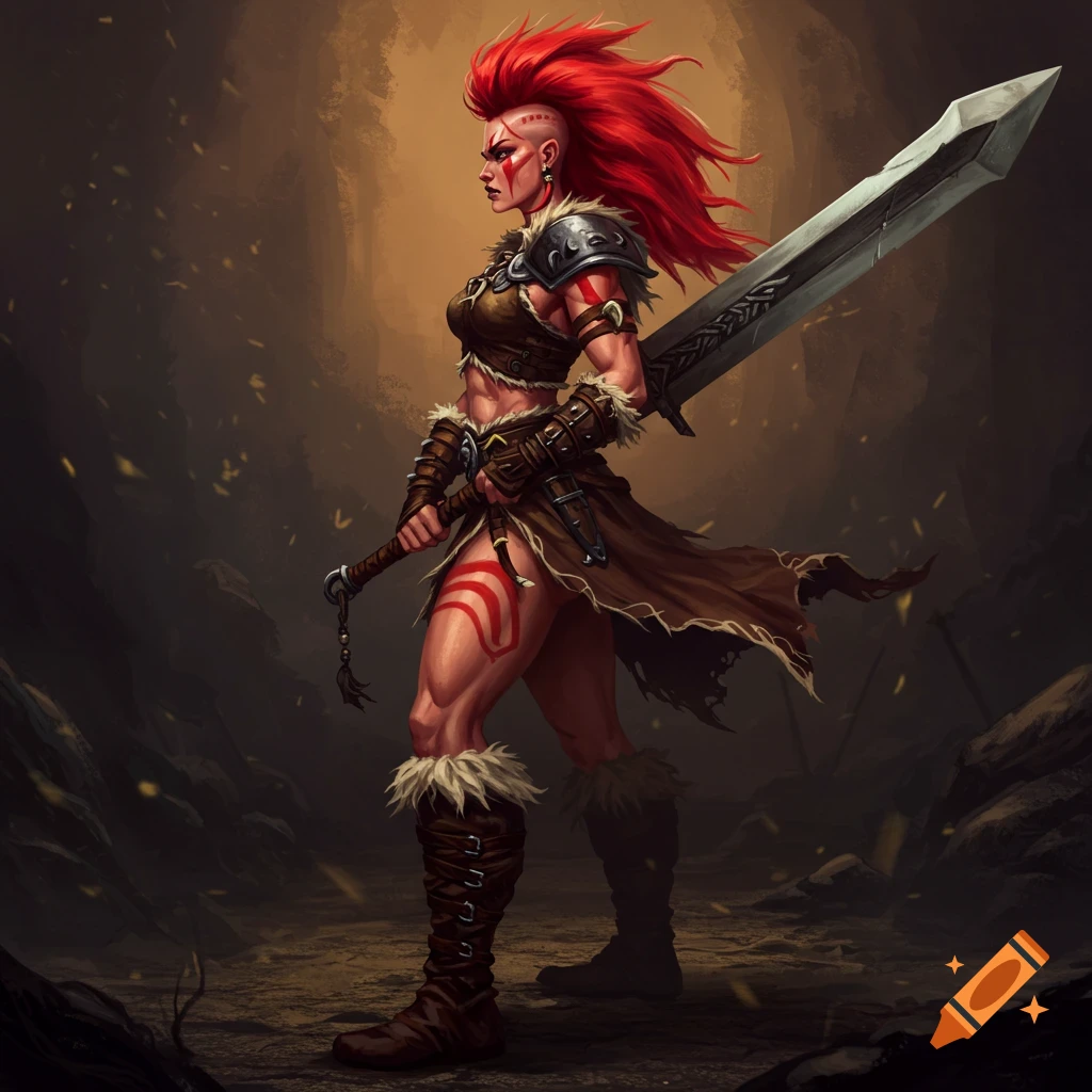 A red-haired female barbarian is holding a large sword.