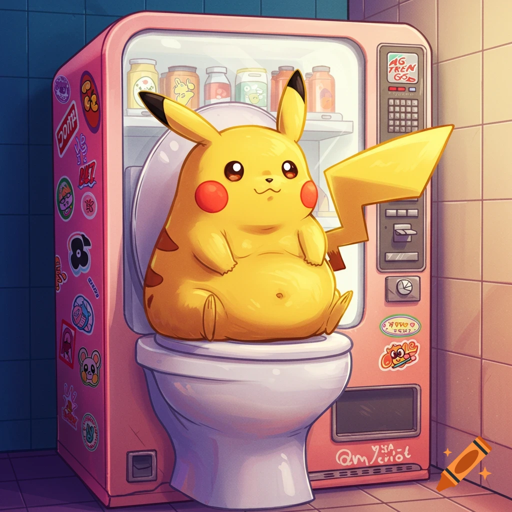 A fat Pikachu sits on a toilet next to a pink vending machine.