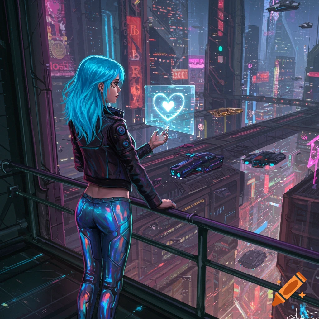 A woman with blue hair on a balcony overlooks a cyberpunk city at night, looking at a glowing heart hologram.