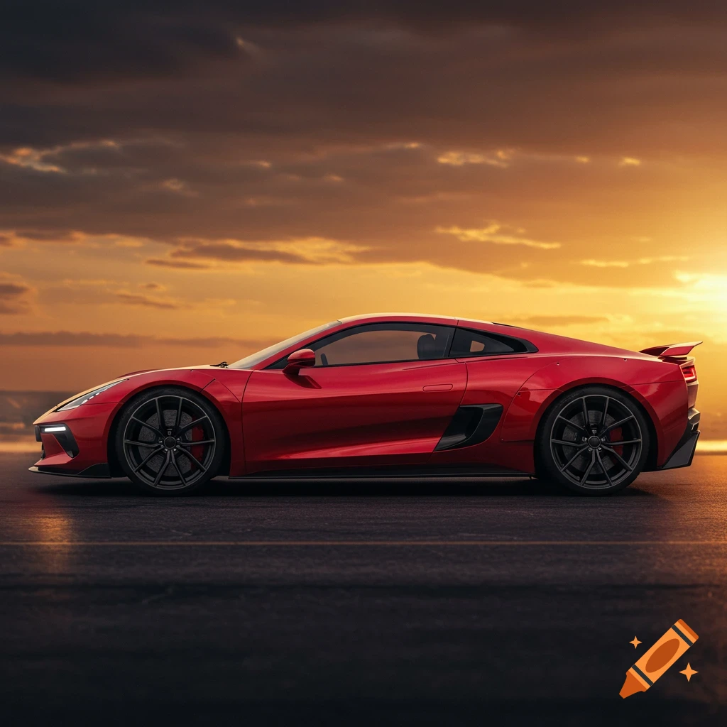 A red sports car is parked on asphalt, viewed from the side, against a vibrant orange sunset.
