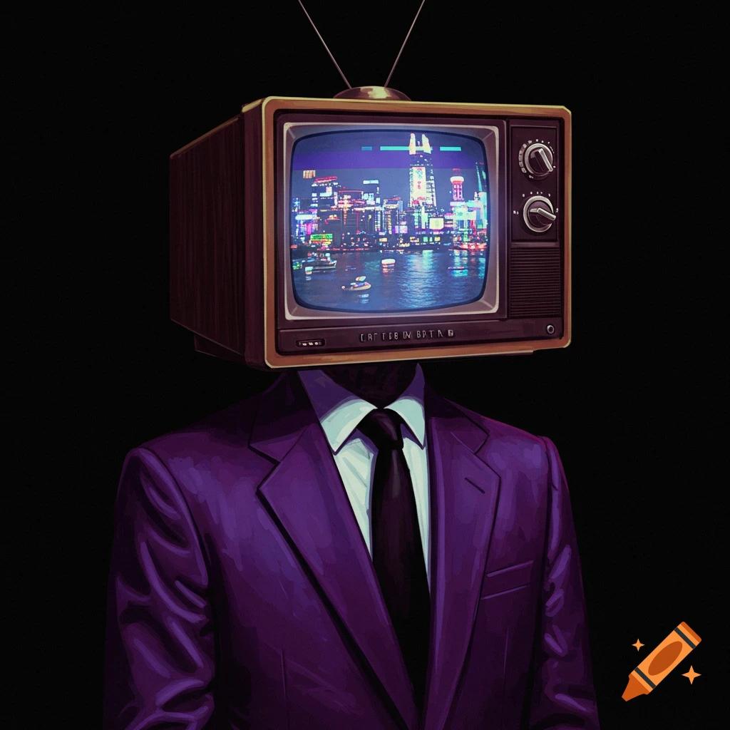 A person in a purple suit with a TV for a head showing a city lights scene.