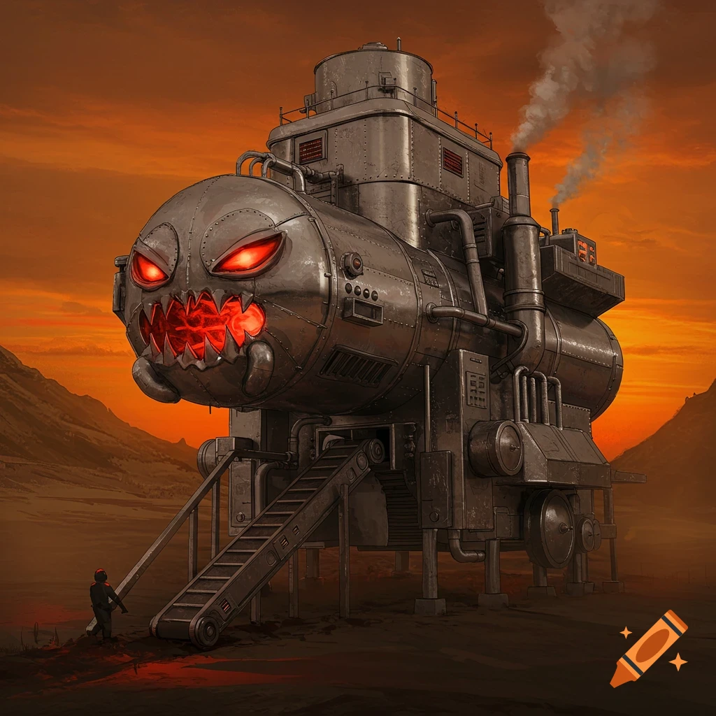 A giant, menacing steam machine with glowing red eyes and a toothy mouth looms over a small figure in a barren landscape under an orange sky.