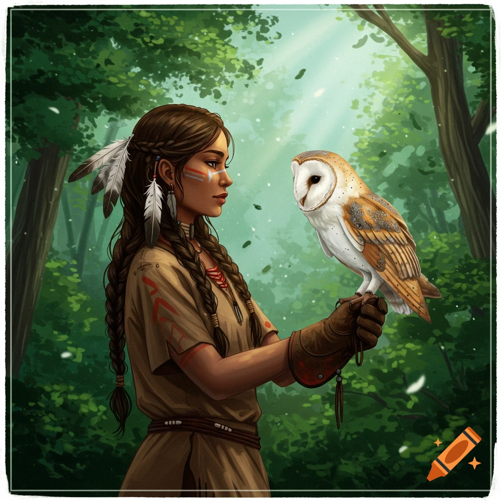 A native woman with face paint holding a barn owl in a forest