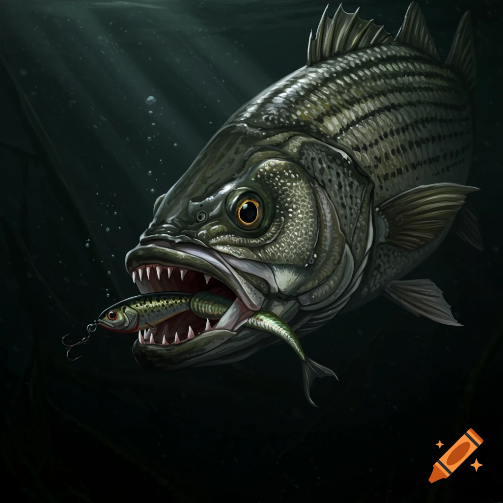 A striped bass eating a fishing lure underwater.