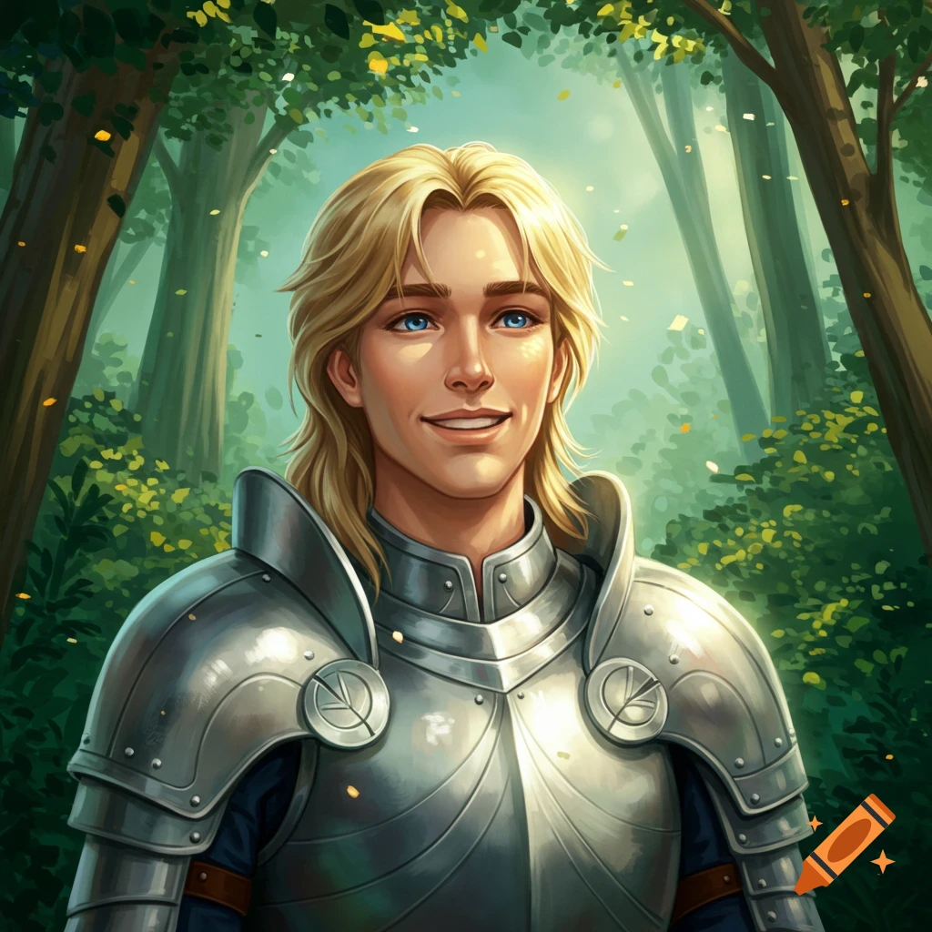A smiling blonde man in silver armor stands in a forest.