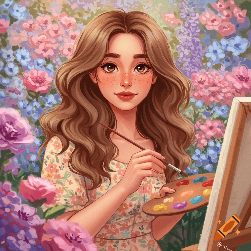 A woman with freckles is painting outdoors among colorful flowers.
