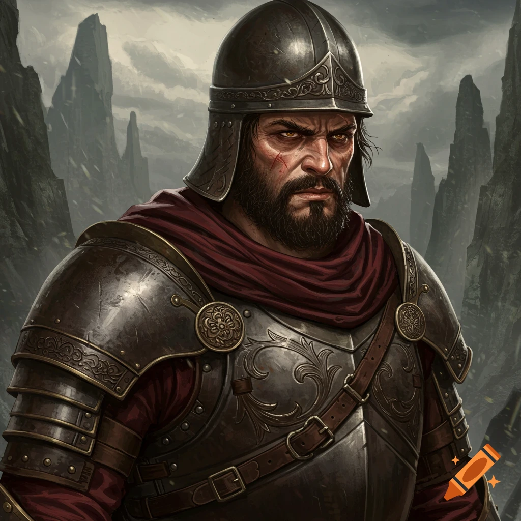 A medieval fantasy warrior in ornate armor stands in a mountain landscape.