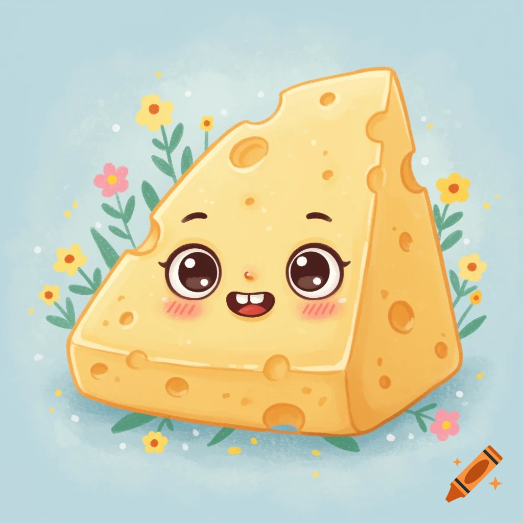 Whimsical illustration of a cute cartoon cheese slice character with a face, surrounded by yellow and pink flowers on a blue background.