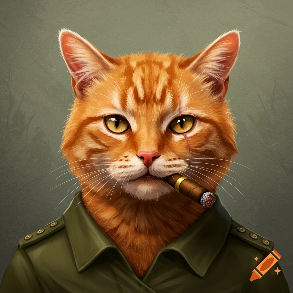 An orange cat with a scar wears a military jacket and smokes a cigar.