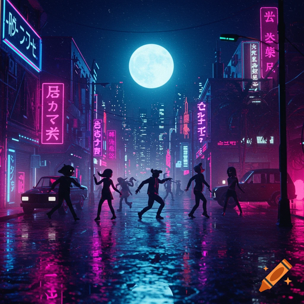 Cyberpunk city street at night with figures dancing under a full moon, lit by neon signs.