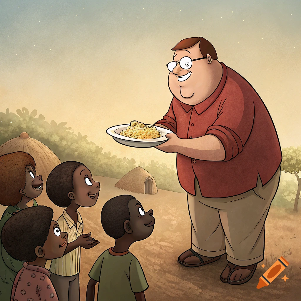 Cartoon of a man resembling Peter Griffin giving a plate of food to several children in a village.