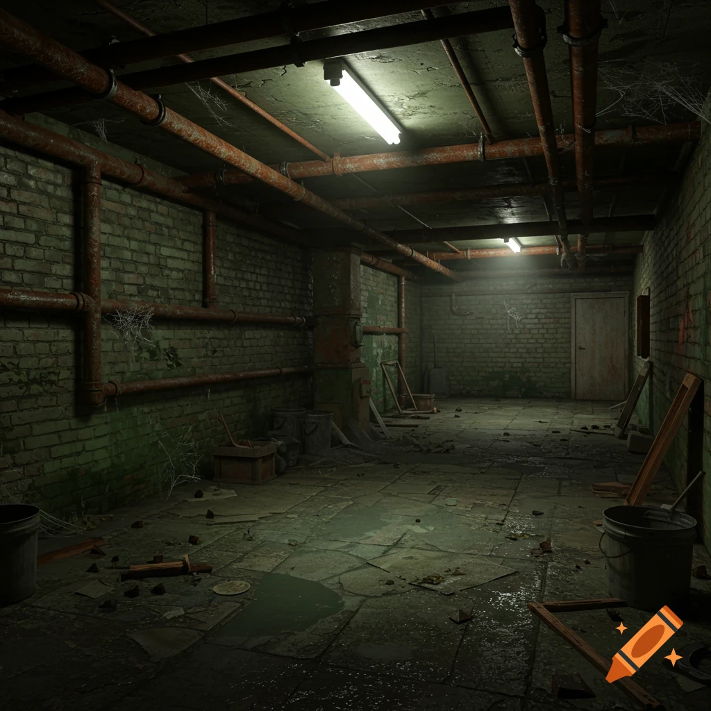 A creepy image of a dirty, derelict basement with pipes and debris.
