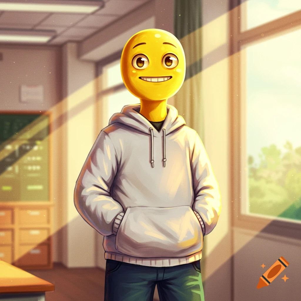 Yellow smiley character in white hoodie standing in a sunlit classroom.