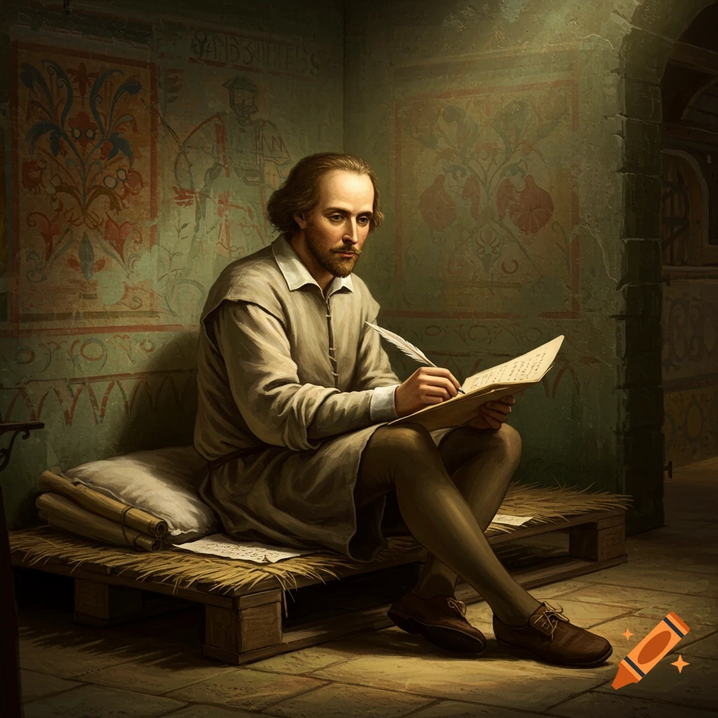 A man resembling Shakespeare writing with a quill in a dimly lit room with murals.