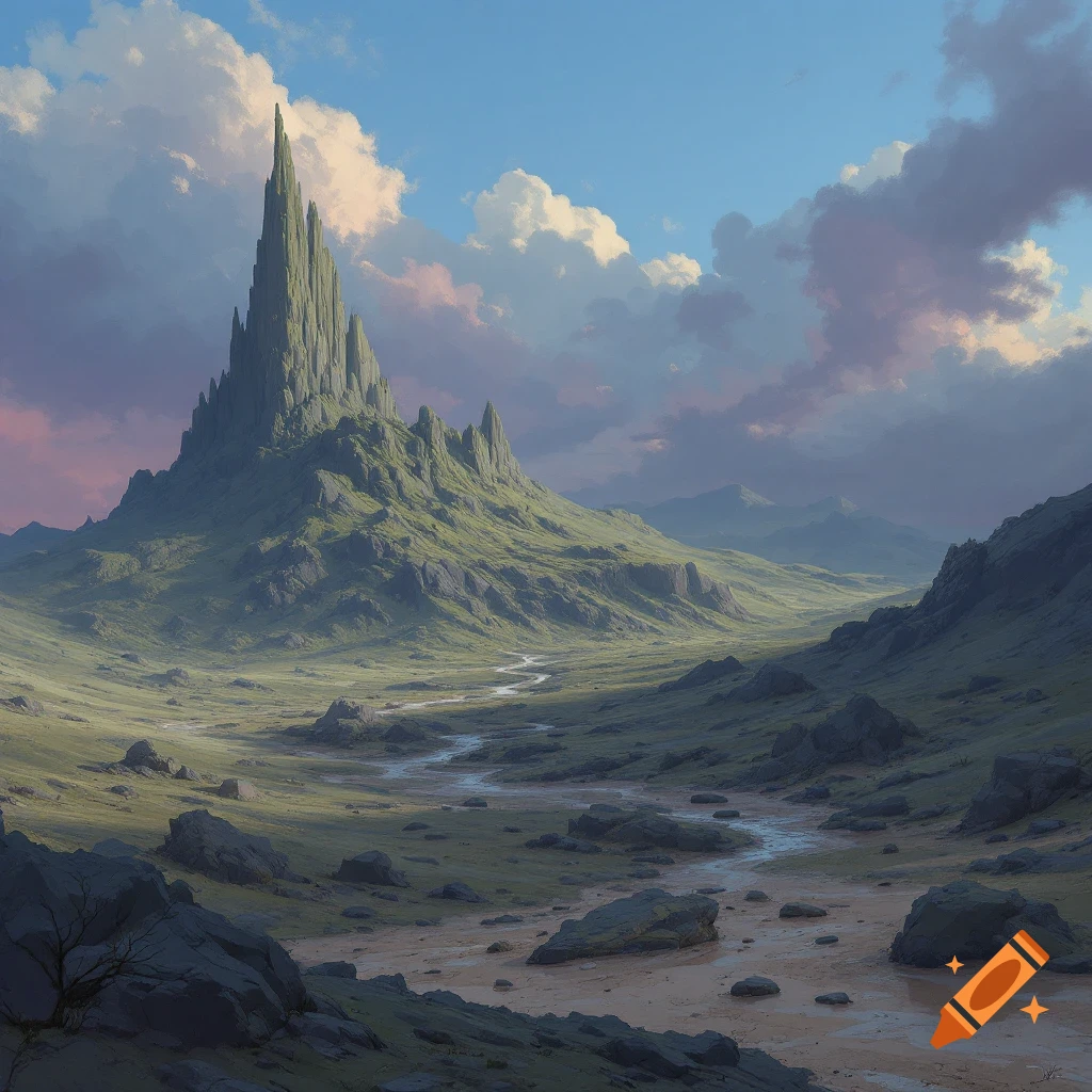 A fantasy landscape with a tall, spiky mountain, winding river, green hills, and dramatic clouds.