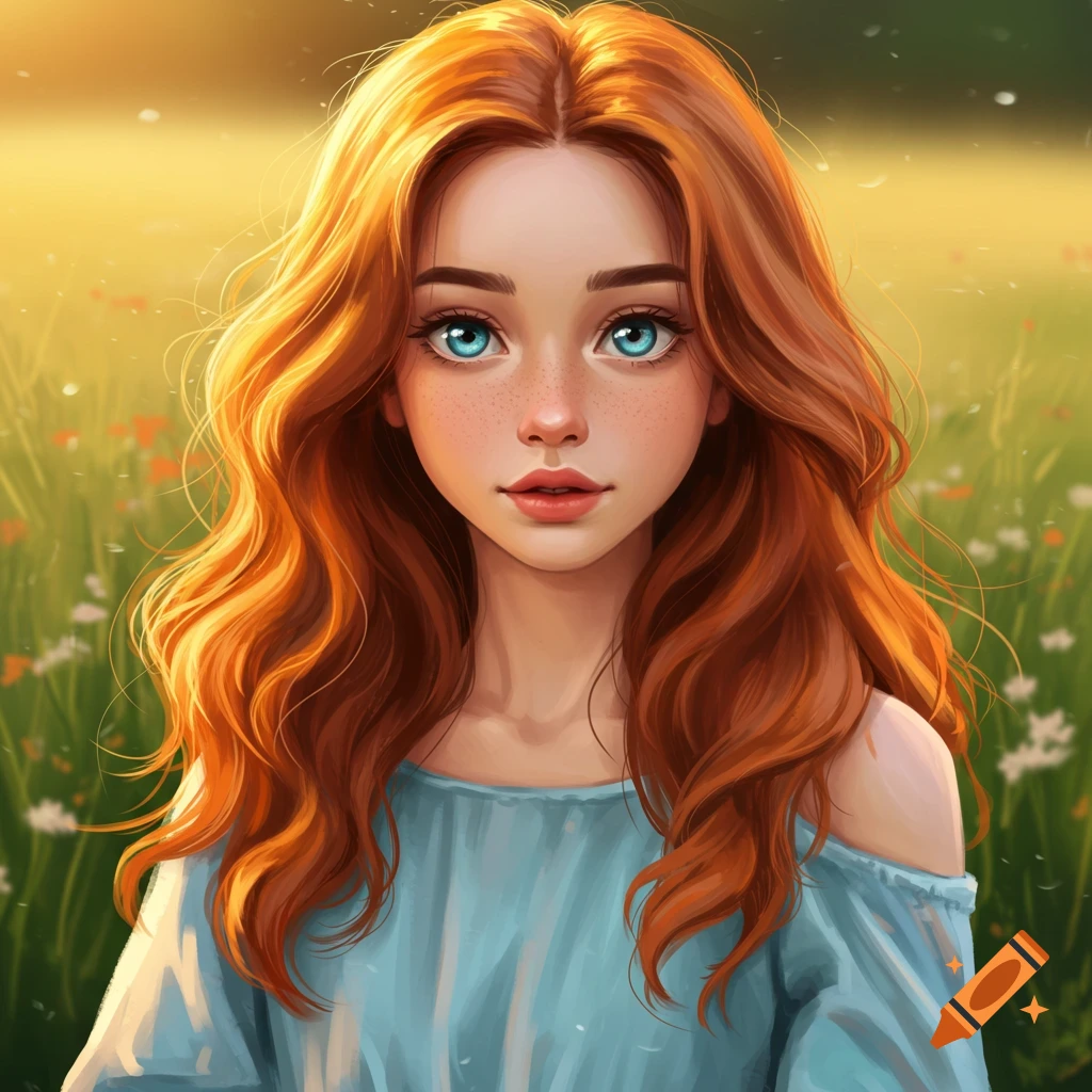 A girl with red hair and blue eyes in a sunny field.