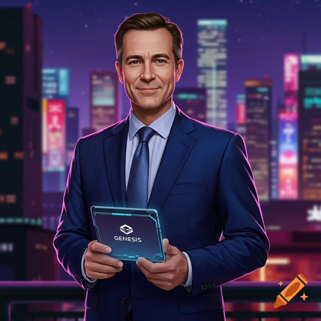 A man in a suit holding a tablet with the word "Genesis" on the screen, standing in front of a city skyline at night.