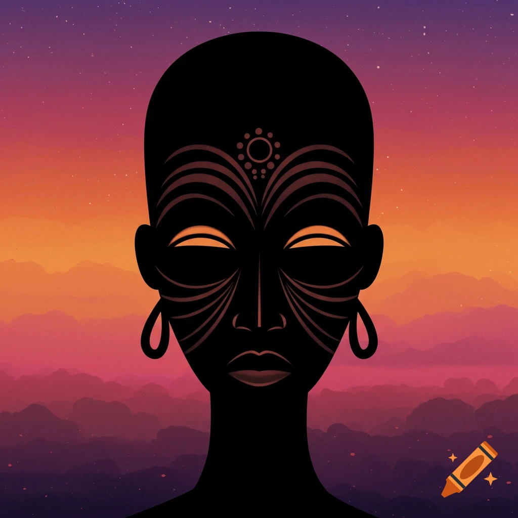 Stylized silhouette of a head with intricate mask-like patterns, against a colorful sunset sky.