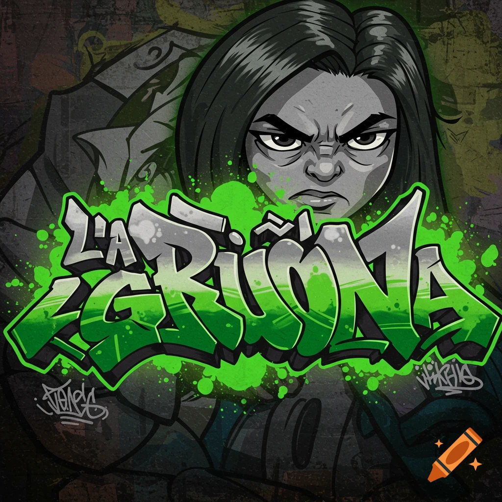 Graffiti art featuring the name LA GRUÑONA in green and grey, with a stylized illustration of a grumpy woman behind it.