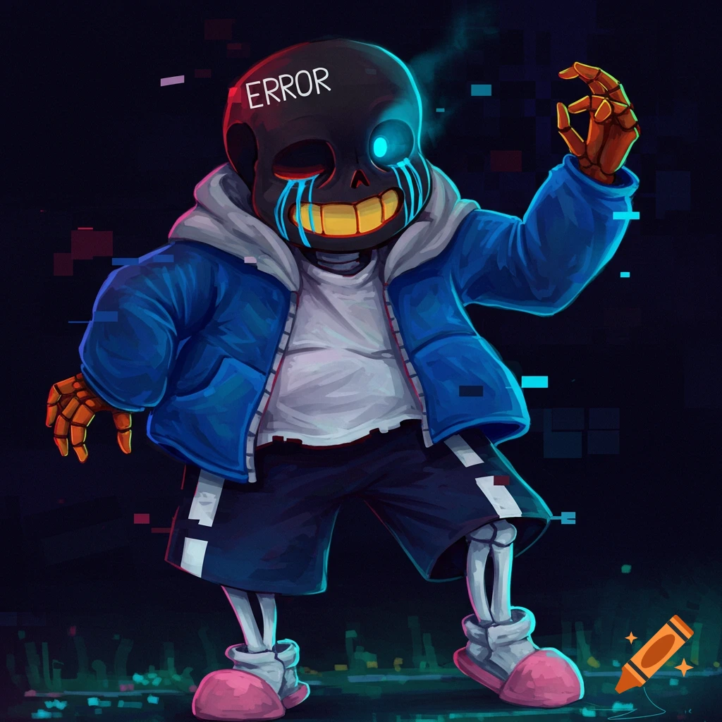 A glitchy skeletal character in a blue jacket with 'ERROR' written on his head.