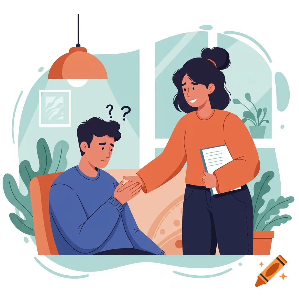 Illustration of a woman offering support to a distressed man, depicting mental health help