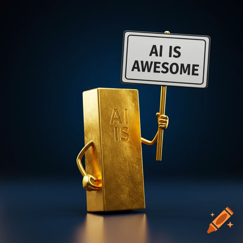A cartoon gold bar character holds a sign that reads 'AI IS AWESOME'.