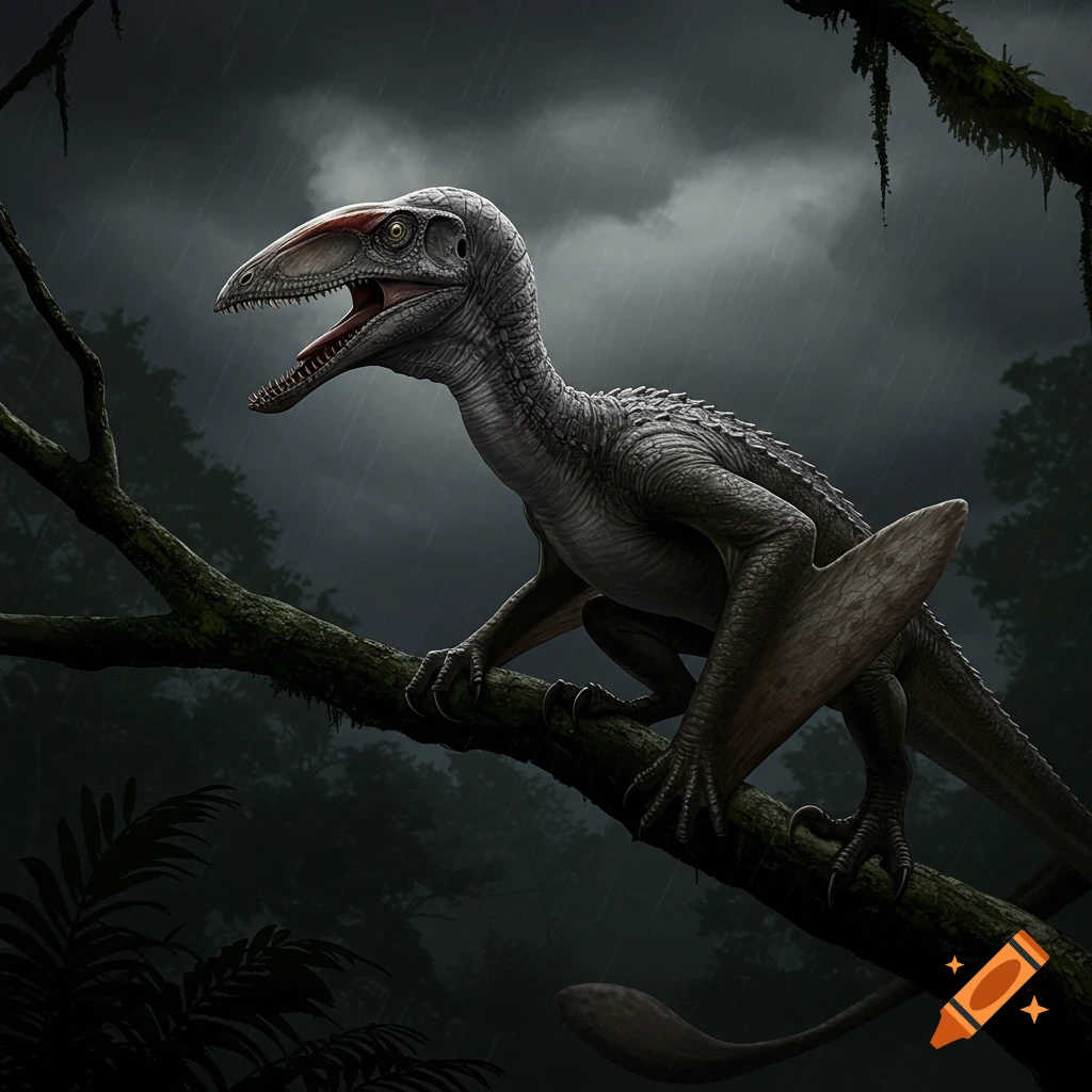 A Dimorphodon dinosaur perched on a tree branch in a rainy forest.