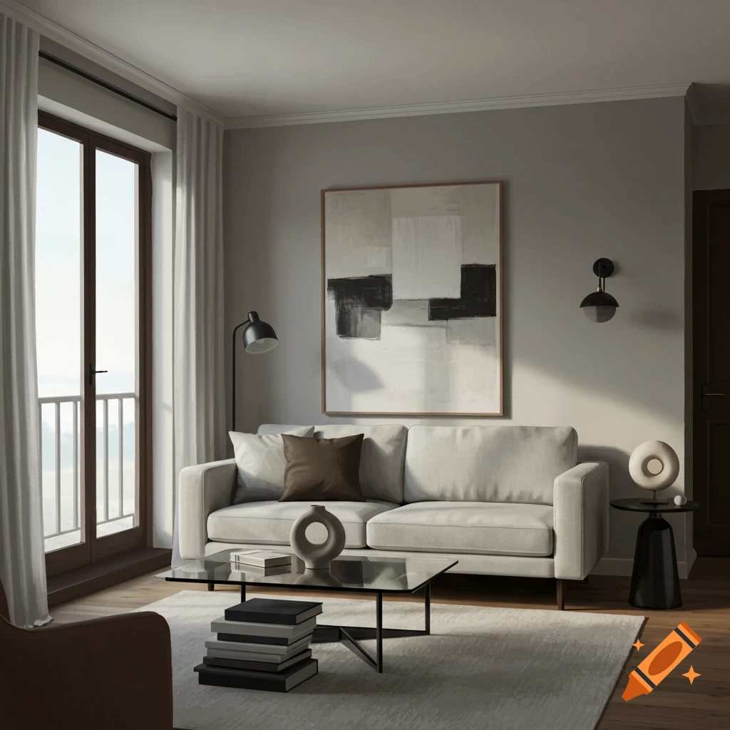A modern living room with a sofa, coffee table, abstract painting, and window.