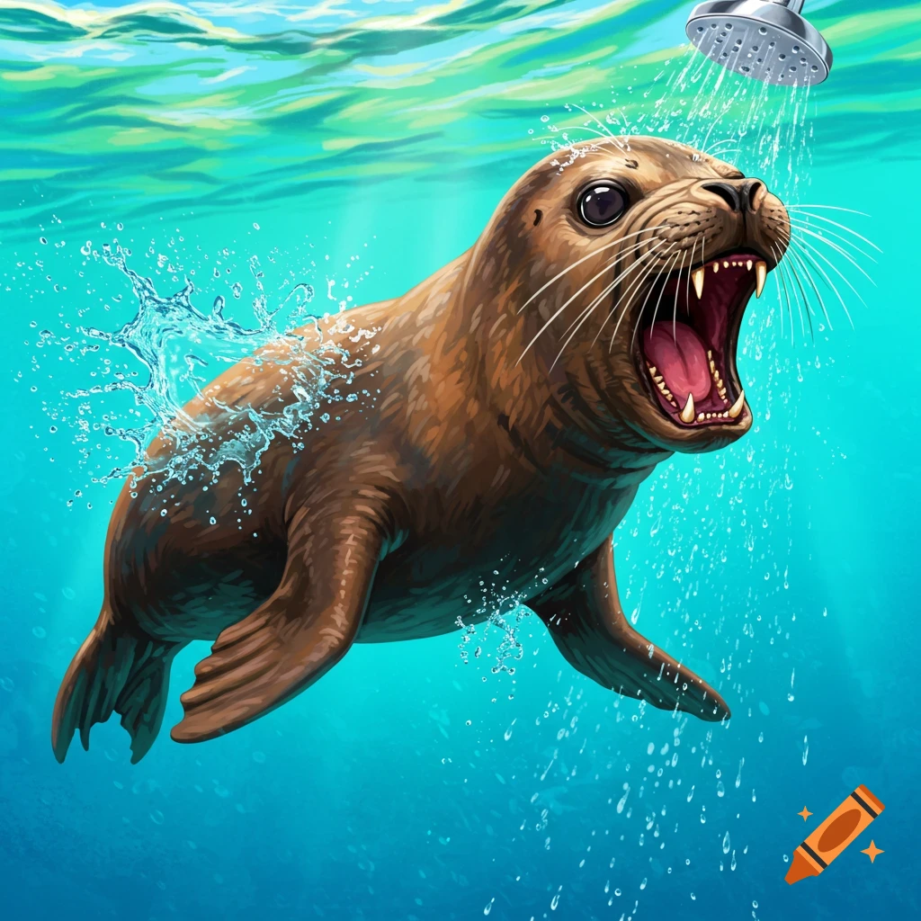 Painting of a seal underwater being showered