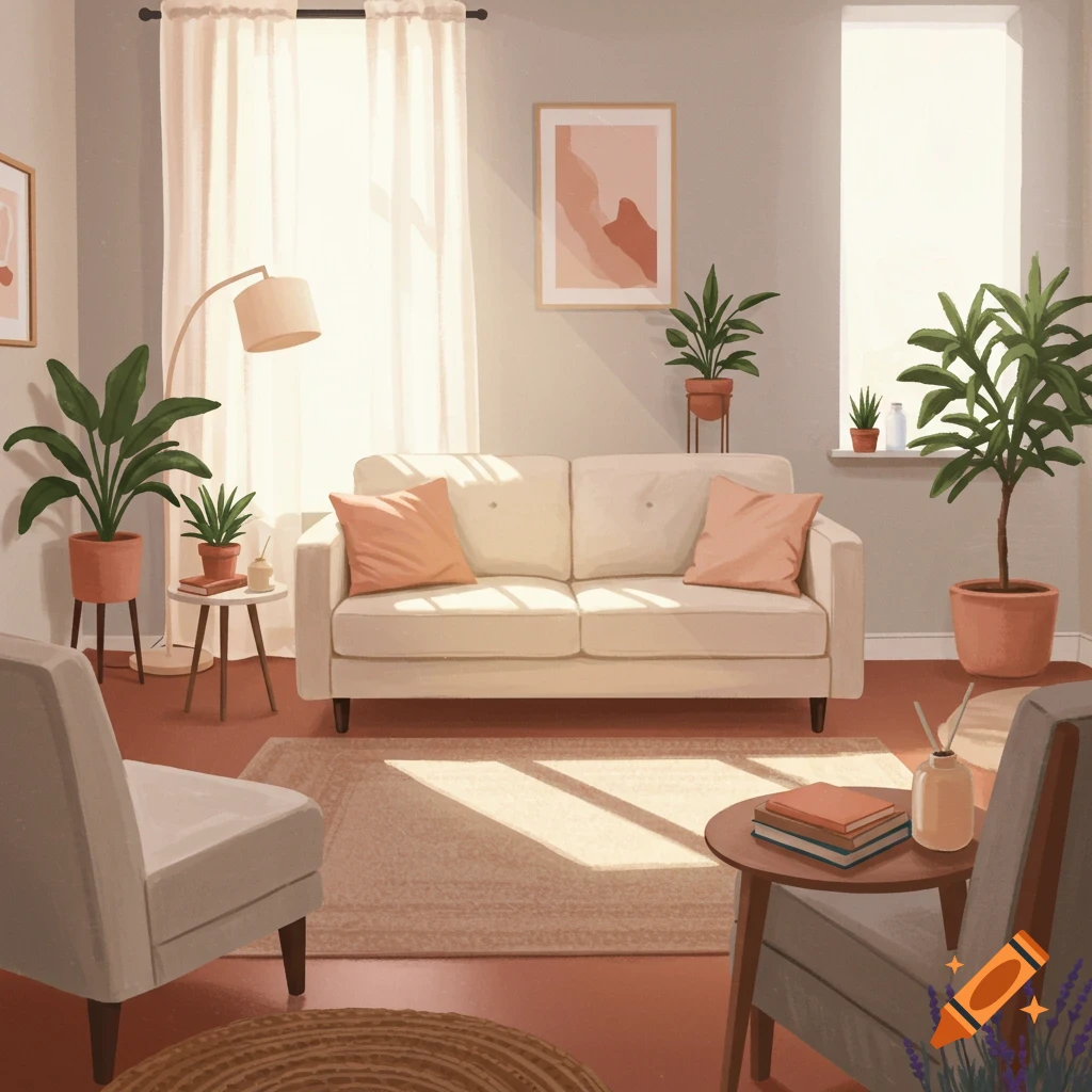 A sunny, calm therapy room interior with sofa, chairs, and plants.